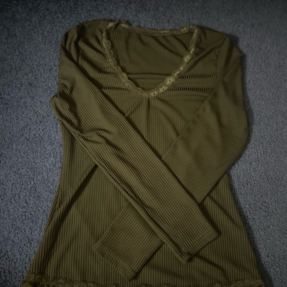Green Ribbed Fitted Blouse